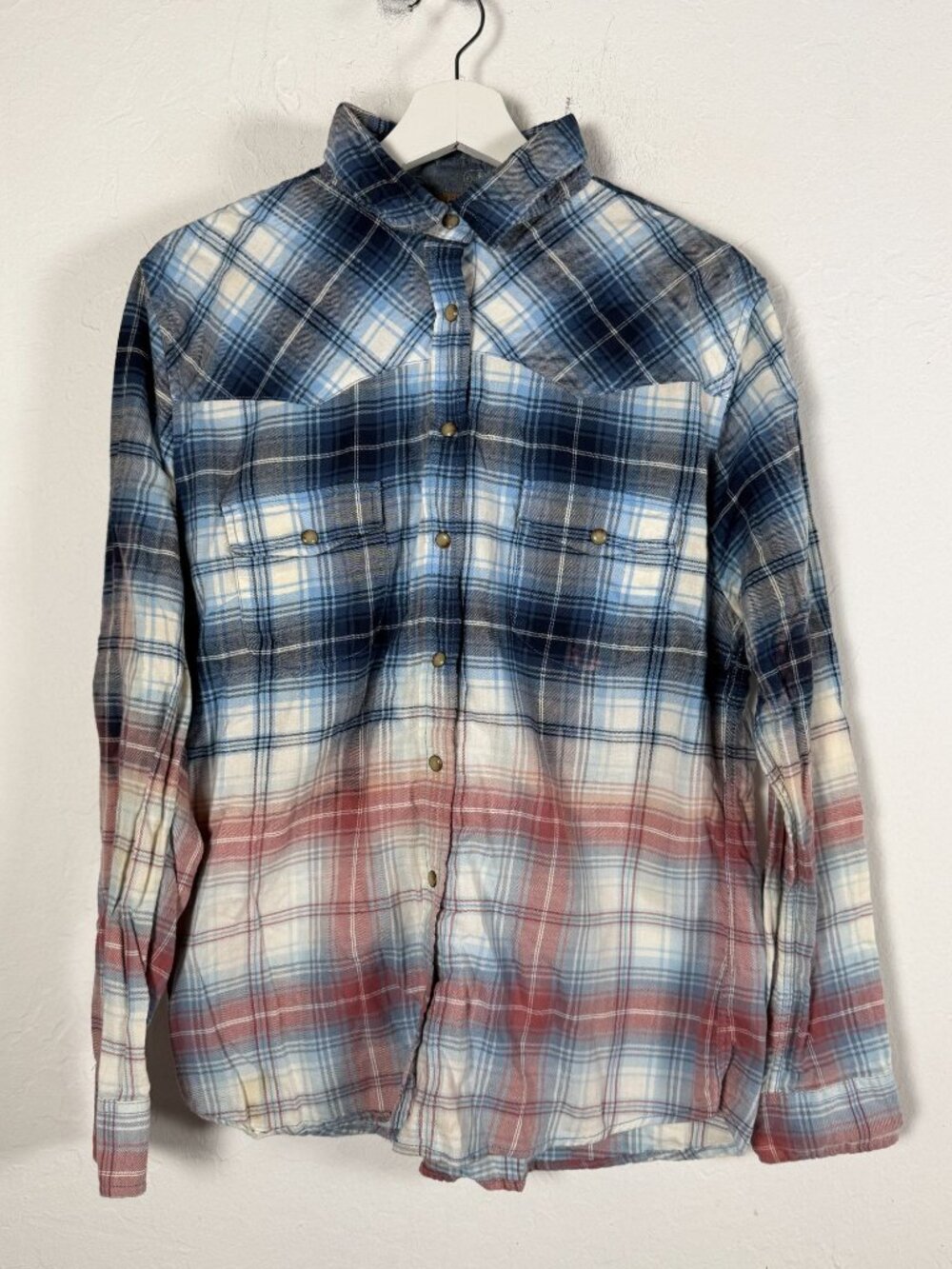 Jachs Girlfriend Plaid Western Shirt Dip Dye Ombre Flannel Pearl Snap Large NWOT